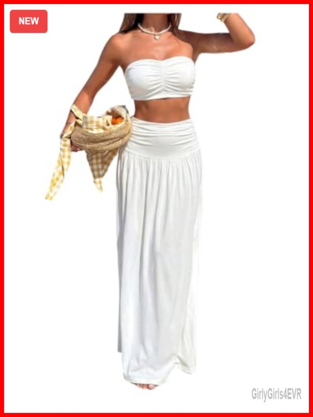2 Piece Strapless Crop Tube Top & Ruched Maxi Skirt Cover Up Set